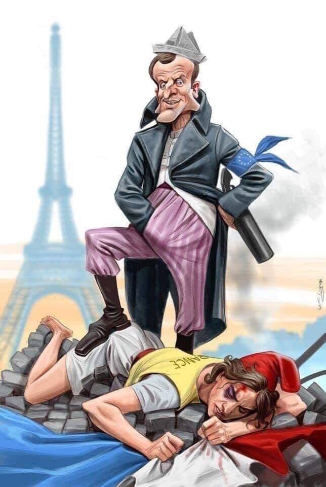 Funny drawing of Macron standing above homeless person in front of Eiffel Tower